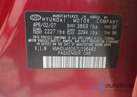 2007 Hyundai Elantra Gls/Limited/Se из США, поврежденный, VIN KMHDU46D67U196483